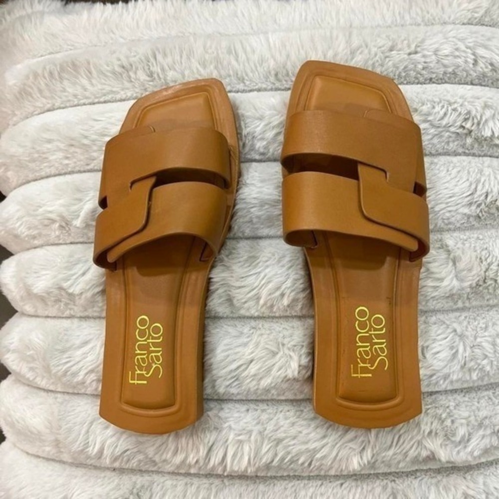 Franco Sarto Caprislide Sandals Womens 5M Tan Good Leather Square Toe Flat Slide
